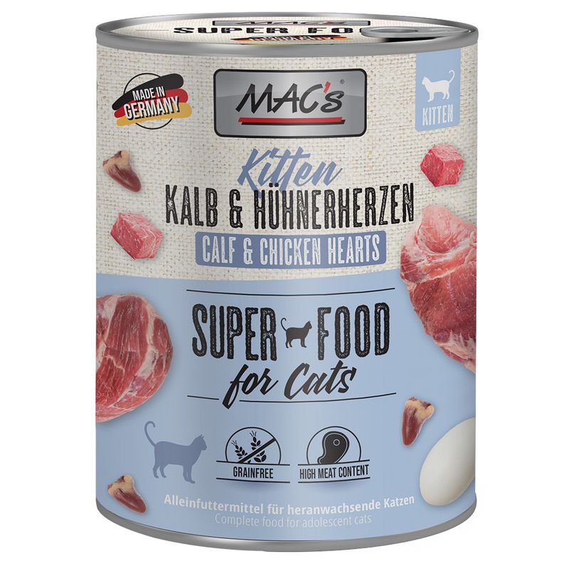 MAC's Kitten Veal & Chicken Hearts. Made in Germany, superfood for cats, grain-free, high meat content. Complete food for growing cats.