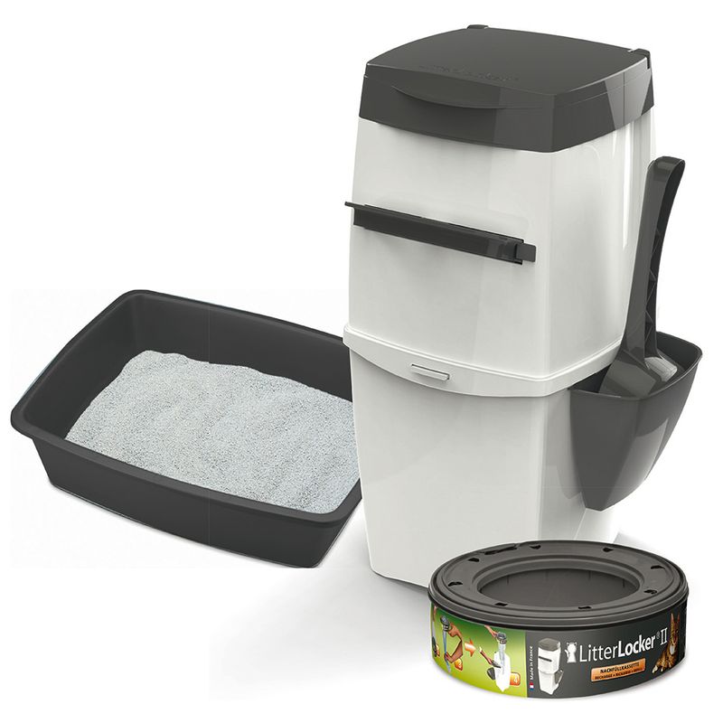 Litter disposal system set including a waste bin with scoop holder, refill cartridge and a tray filled with litter, shown together for product overview.