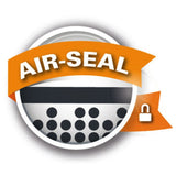Air-Seal symbol with orange banner, black dot graphic and lock icon. Indicates airtight packaging.