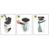 Instructions for using a cat litter disposal system: 1. Fill litter with scoop, 2. Seal bag, 3. Remove and dispose of bag.