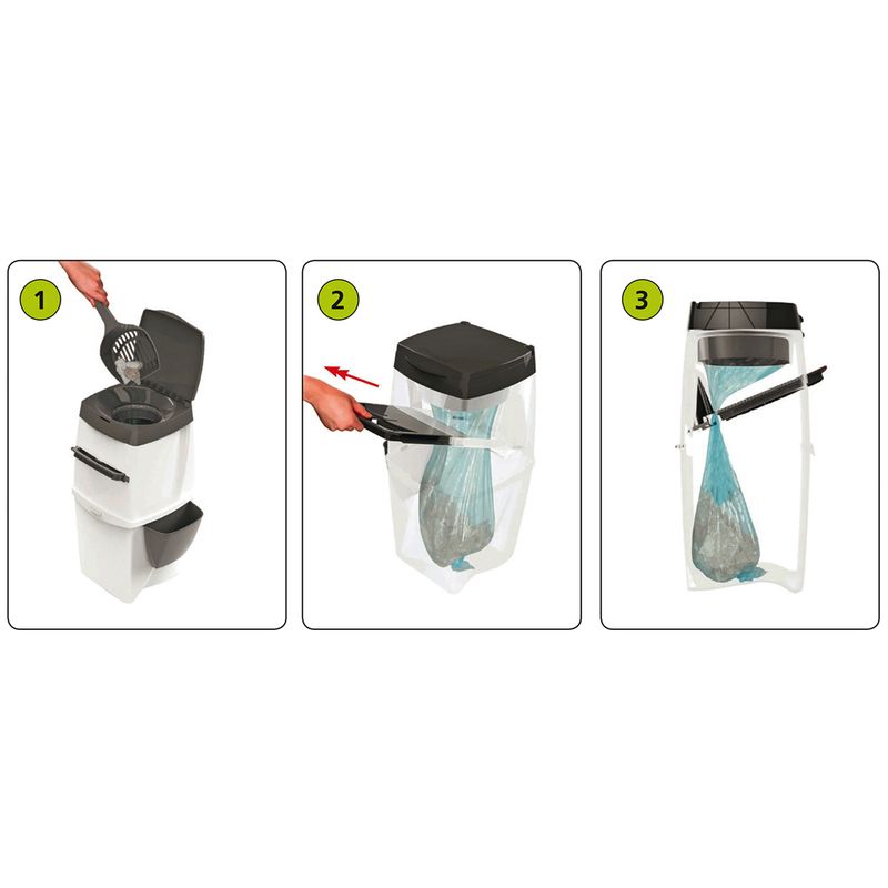 Instructions for using a cat litter disposal system: 1. Fill litter with scoop, 2. Seal bag, 3. Remove and dispose of bag.