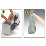 Instructions for waste disposal: Step 1 shows inserting a bag into a container, step 2 shows removing the filled bag.