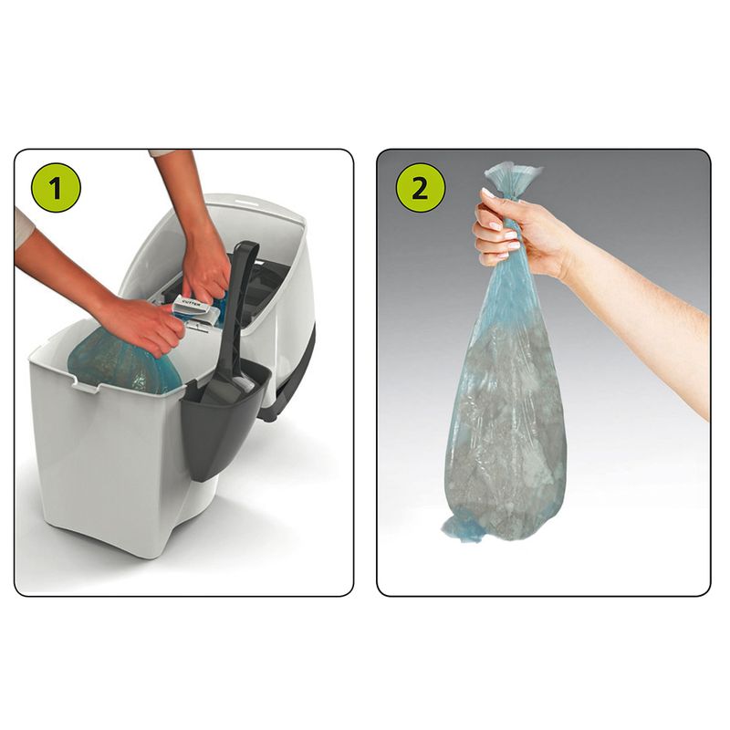 Instructions for waste disposal: Step 1 shows inserting a bag into a container, step 2 shows removing the filled bag.
