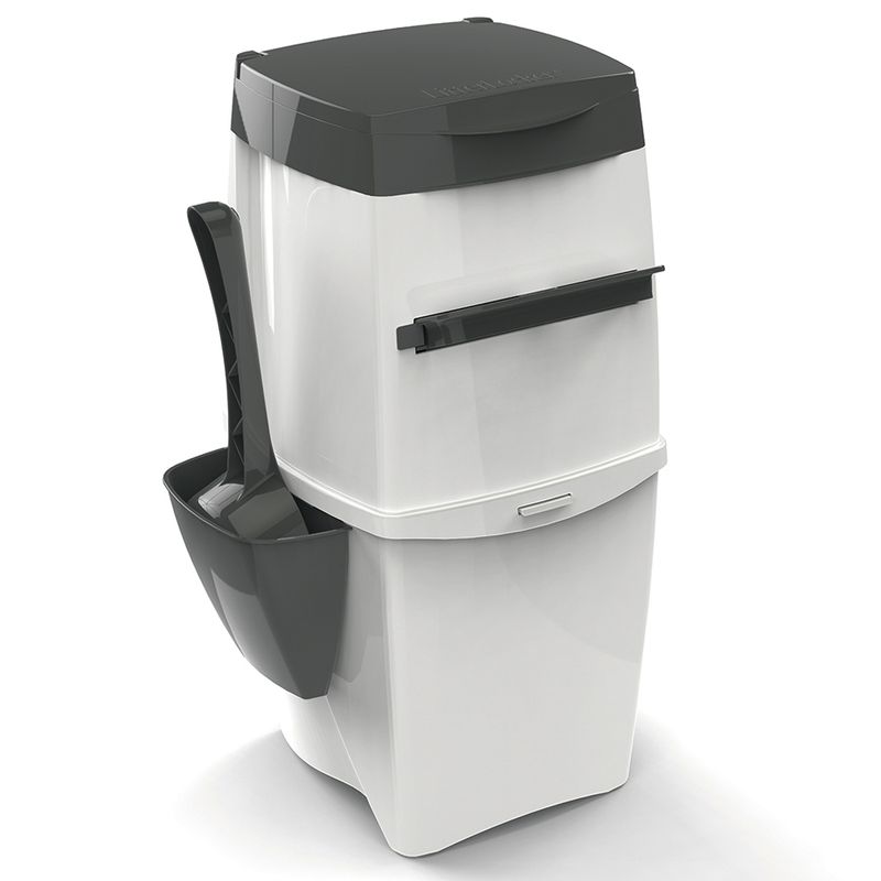 Waste disposal bin with a dark lid, handle, and scoop holder attached to the side. Scoop is placed in the holder. Suitable for collecting and storing waste.