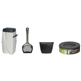 Waste disposal bin, scoop, container and refill cartridge shown as included components for a litter disposal system.