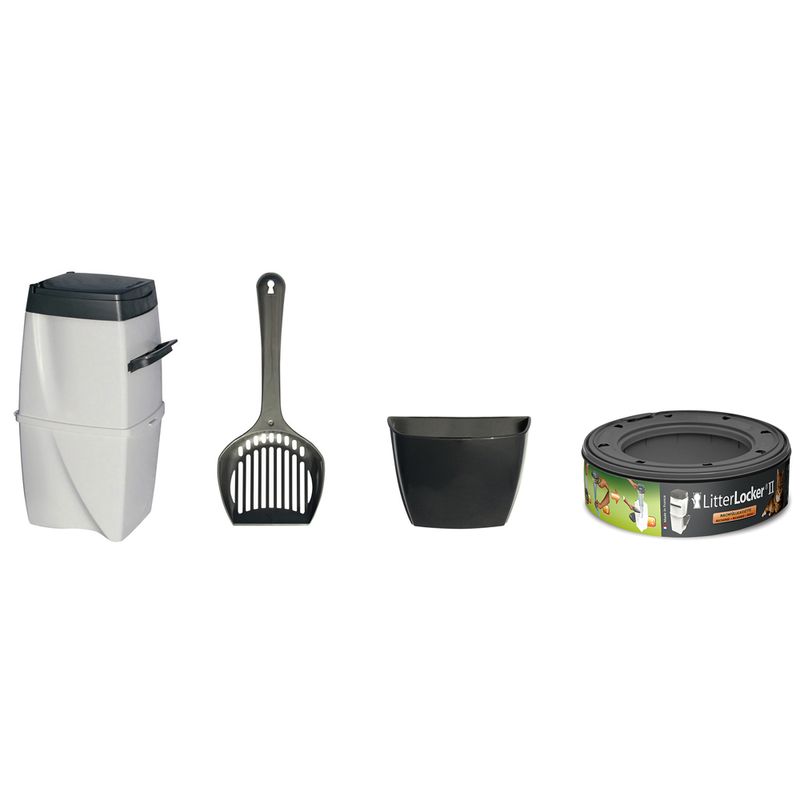 Waste disposal bin, scoop, container and refill cartridge shown as included components for a litter disposal system.