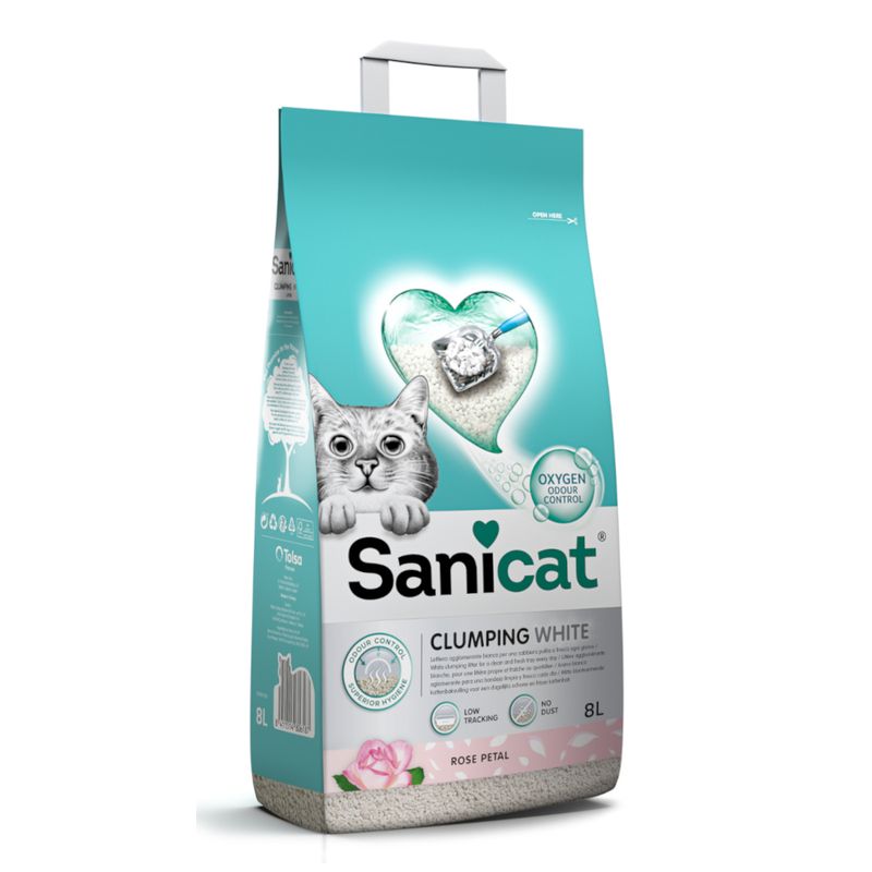 Sanicat Clumping White cat litter with Rose Petal, 8L. Features: Oxygen Odour Control, odour-binding, dust-free, low tracking.