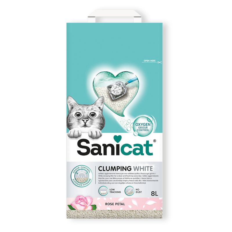 Sanicat Clumping White cat litter with rose petal scent, 8L. Features: Oxygen Odour Control, low tracking, no dust.