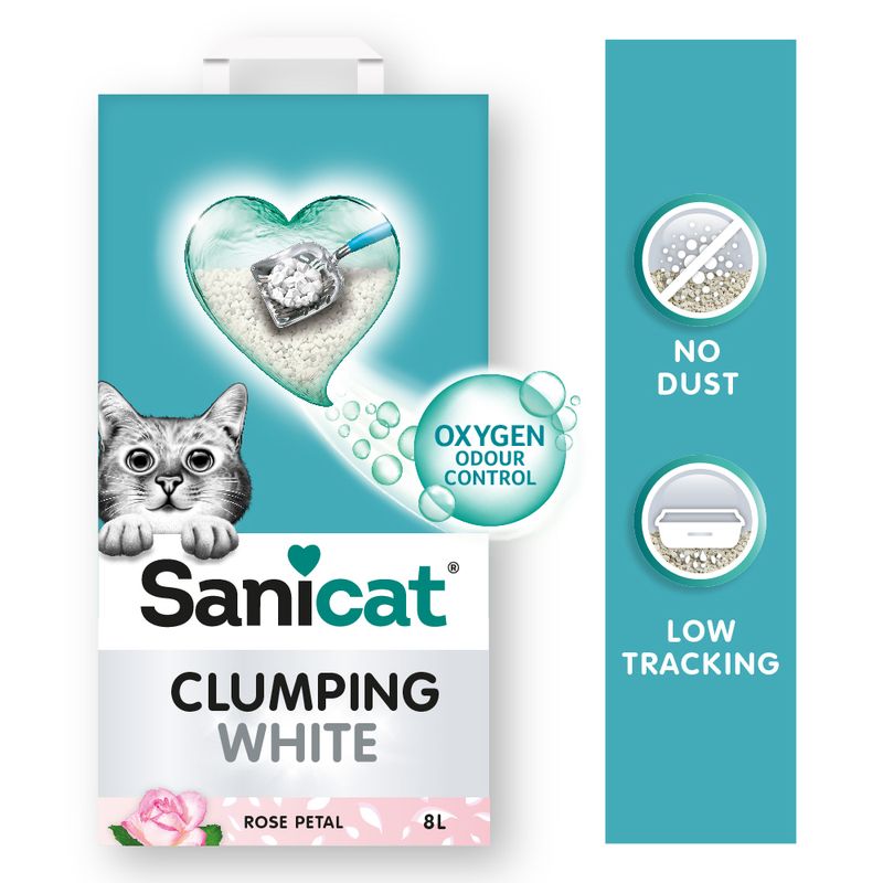 Sanicat Clumping White cat litter with rose petal scent, 8L. Features: Oxygen Odour Control, no dust, low tracking.