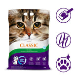 Intersand Classic cat litter, Pine Forest, 14 kg. Triple Action: odour control, strong clumping, dust-free. Symbols for odour neutral, dust-free and clean paws.
