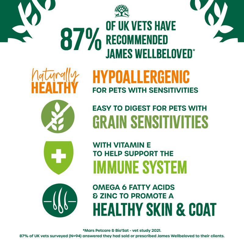 87% of British veterinarians recommend James Wellbeloved. Hypoallergenic, light and easily digestible for grain intolerance, vitamin E for the immune system, omega-6 and zinc for skin and coat.