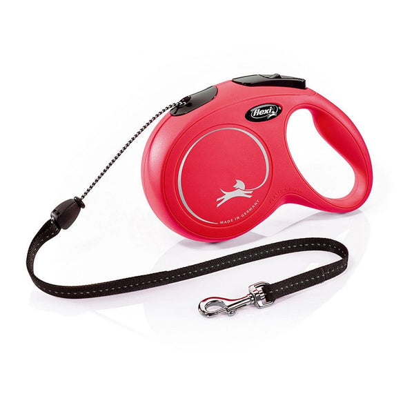 Flexi dog lead in red with black tape, logo and inscription 'Made in Germany'.