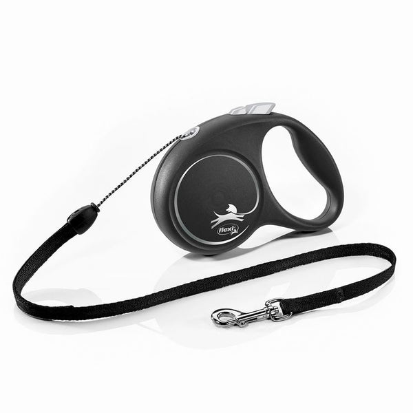 Flexi dog lead in black with ergonomic handle, extendable cord and metal snap hook.