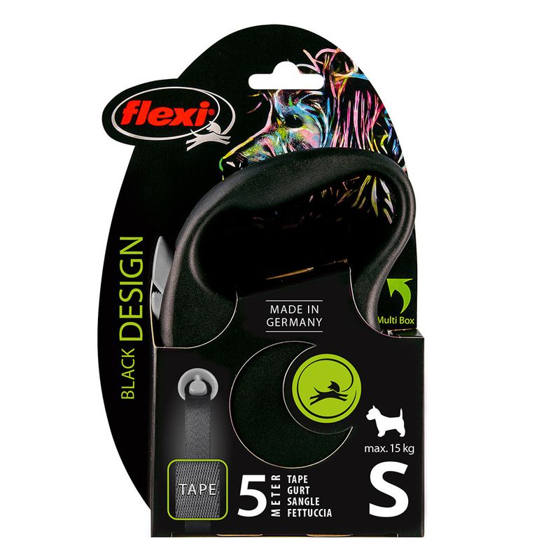 Flexi Black Design dog lead, 5 metre tape, size S, max. 15 kg, made in Germany, compatible with Multi Box.