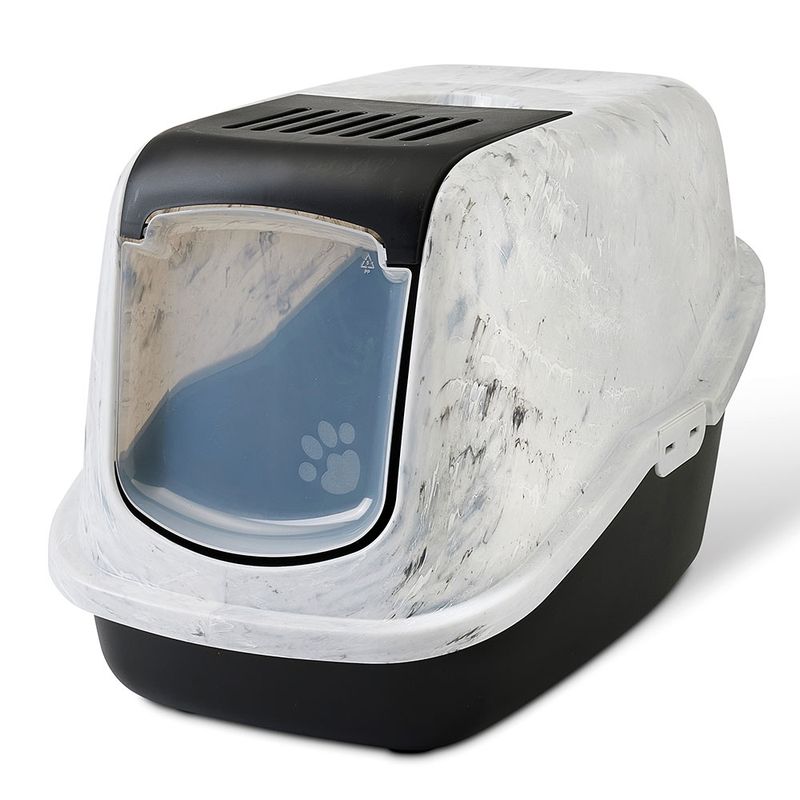 Closed cat litter box with marble design, black base and transparent flap with paw motif.