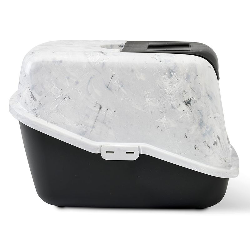 Covered litter box with a black base and marbled white top, shown from the side. Features a handle and ventilation slots on the lid.