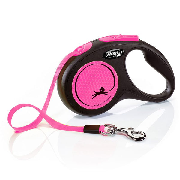 Flexi dog lead in black and pink with ergonomic handle, pink tape and metal snap hook. Made in Germany.