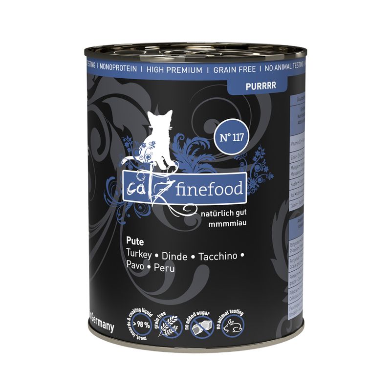 Catz Finefood can No. 117, turkey, monoprotein, high premium, grain-free, no added sugar, no animal testing, naturally good, made in Germany.