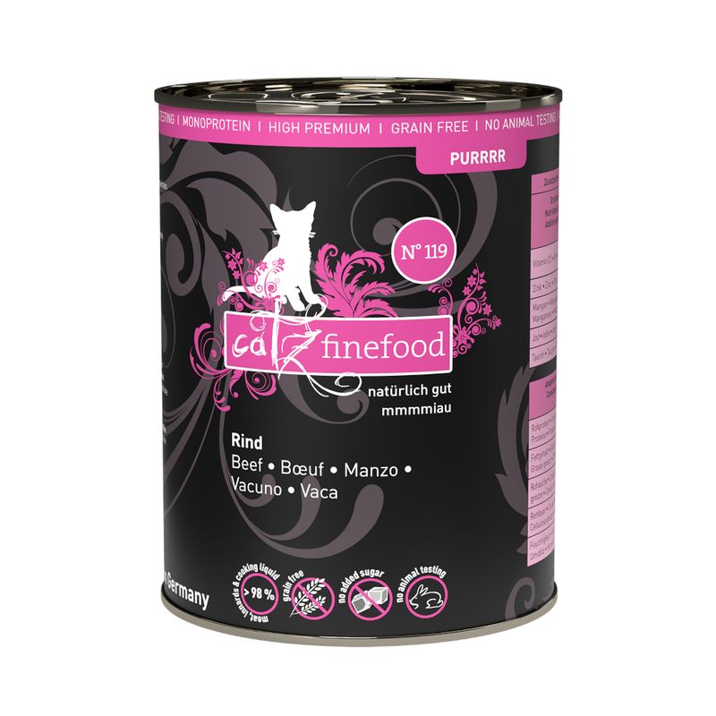 Catz Finefood No. 119, beef, monoprotein, high premium, grain-free, no added sugar, no animal testing, over 98% meat content, made in Germany.
