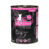 Catz Finefood No. 119, beef, monoprotein, high premium, grain-free, no added sugar, no animal testing, over 98% meat content, made in Germany.