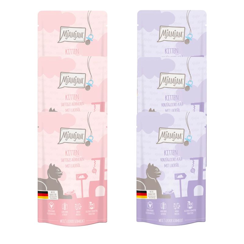 MjAMjAM Kitten wet food. Varieties: juicy chicken with salmon oil (pink) and exquisite veal with salmon oil (purple). Best quality, made in Germany, no animal testing.