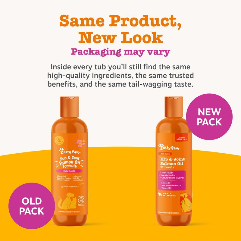 Two bottles of Zesty Paws Salmon Oil, left: old packaging Skin & Coat Formula, right: new packaging Hip & Joint Formula. Note: The product remains the same, packaging may vary.