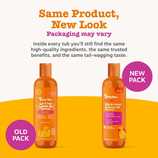 Two bottles of Zesty Paws Salmon Oil, left: old packaging Skin & Coat Formula, right: new packaging Hip & Joint Formula. Note: The product remains the same, packaging may vary.