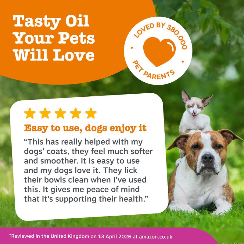 Tasty Oil Your Pets Will Love. Loved by 380,000 pet owners. Review: Easy to use, dogs enjoy it. Supports health and makes fur softer.