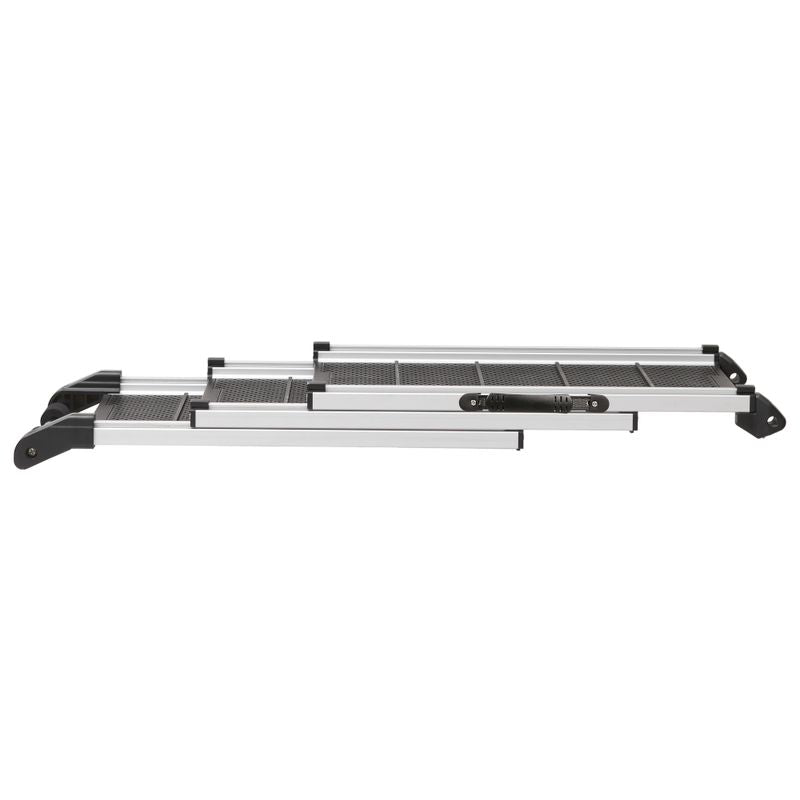 Extendable aluminium dog ramp with non-slip surface and side safety edges.