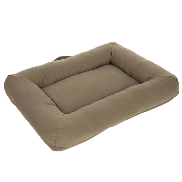 Rectangular brown pet bed with padded edges and flat lying surface.
