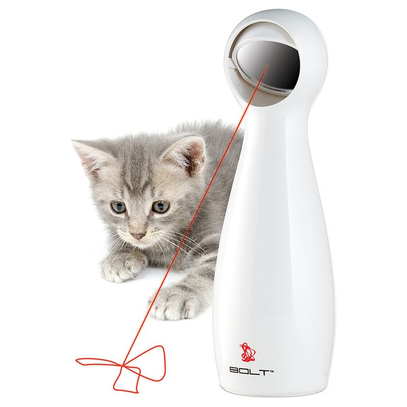 Automatic laser toy Bolt with red laser beam, cat watching the laser. Suitable for interactive play.