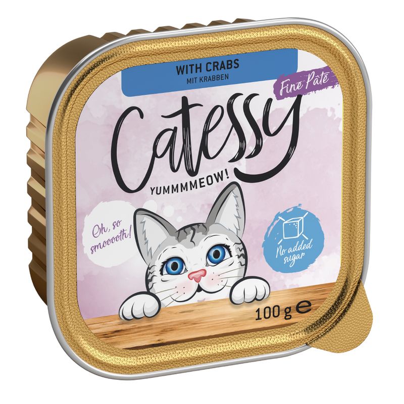 Catessy Fine Paté with crab, 100g. No added sugar. Illustration of a cat on a blue background with the text 'Oh, so smooth!'.
