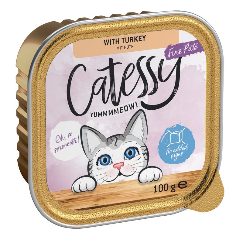 Catessy Fine Paté with turkey, 100g. No added sugar. Illustration of a cat on a blue background with text 'Oh, so smooth!'.