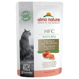 Almo Nature HFC Natural salmon and pumpkin for adult cats. Profits 100% to nature. QR code for more information.