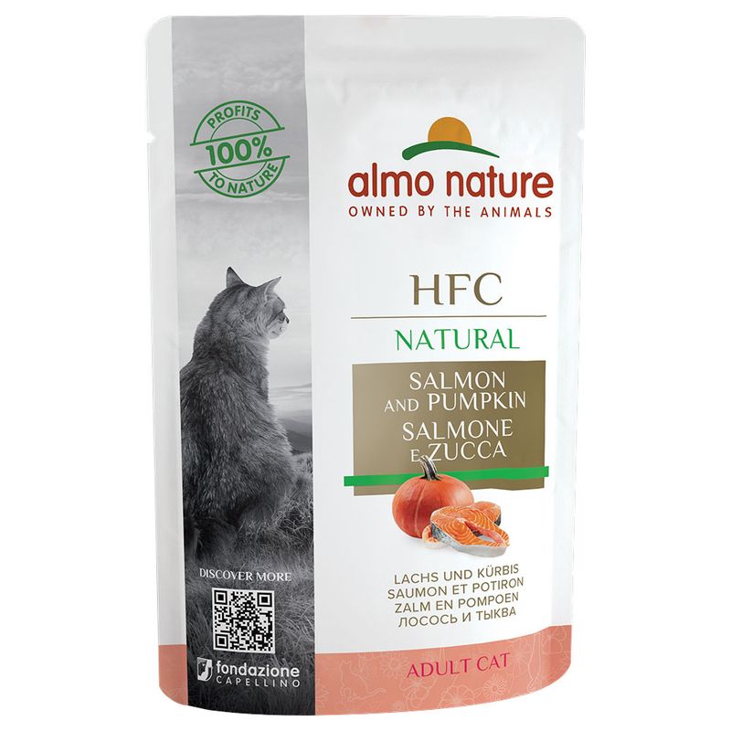 Almo Nature HFC Natural salmon and pumpkin for adult cats. Profits 100% to nature. QR code for more information.
