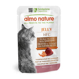Almo Nature Jelly HFC tuna fillet with shrimp. Ingredients originally fit for human consumption, now cat food. Adult Cat. Fondazione Capellino.
