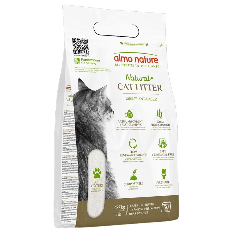 Almo Nature Natural Cat Litter, 100% plant-based, ultra absorbent, odour control, compostable, chemical-free, flushable. Weight: 2.27 kg, lasts 30 days.