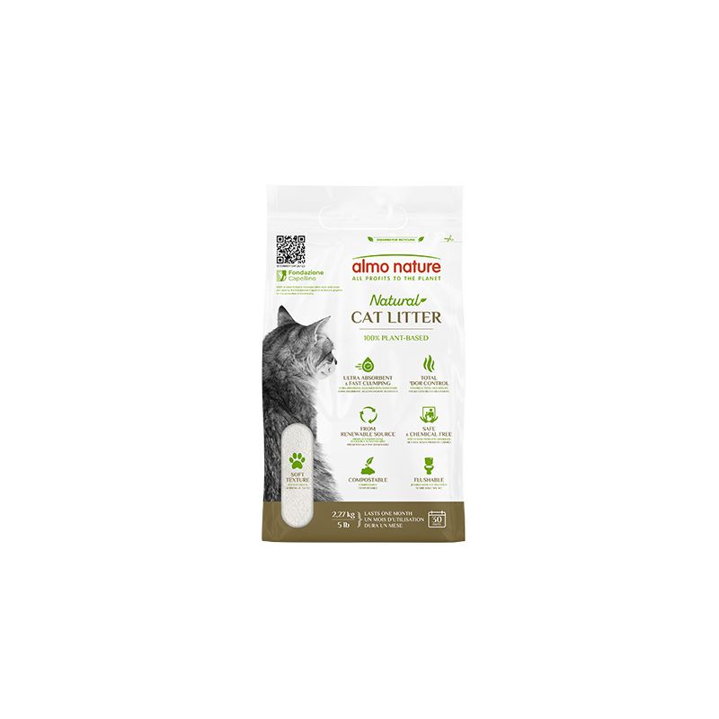 almo nature Natural Cat Litter, 100% plant-based, ultra-absorbent, odour-controlling, compostable, chemical-free, from renewable sources. Pack size: 2.27kg.