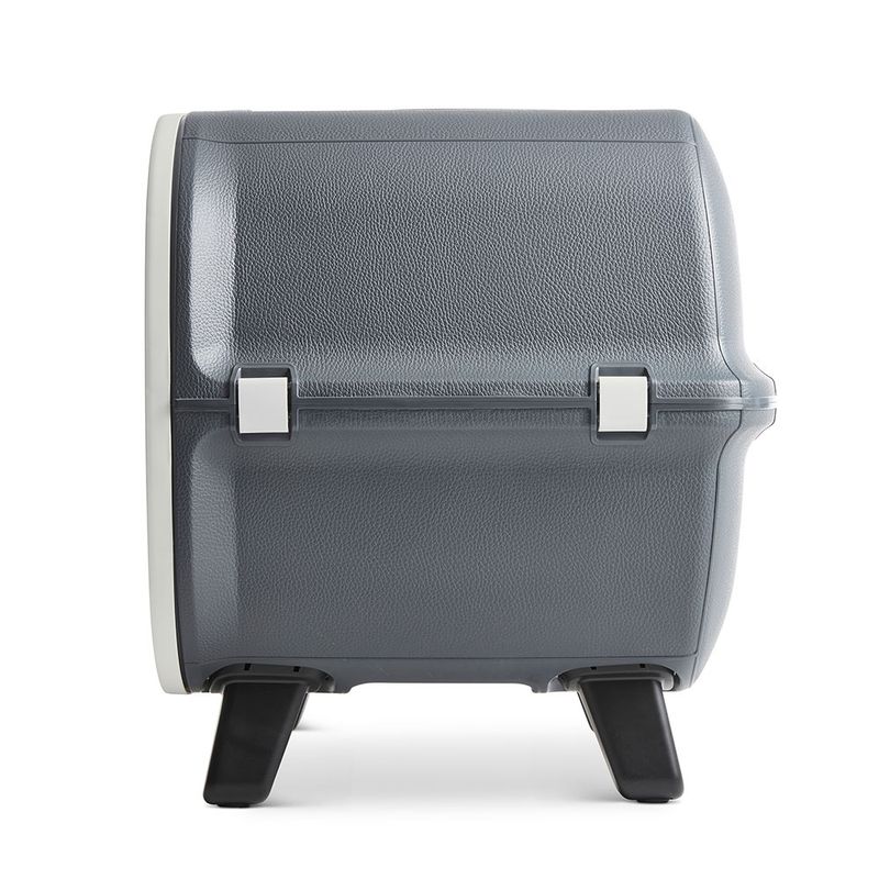 Grey transport box with two locks and sturdy black feet, suitable for pet transport.