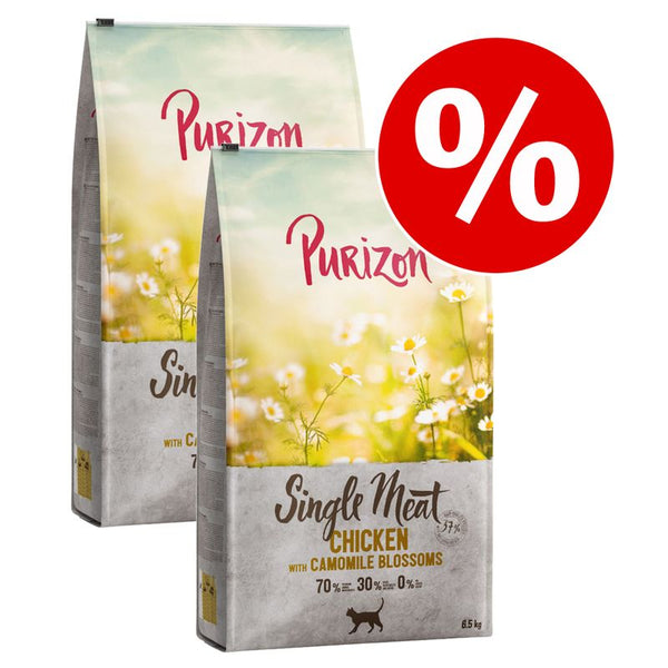 Purizon Single Meat Chicken with Camomile Blossoms dry dog food, 6.5kg bags, visible text: 70% 30% 0%, special offer symbol in red circle