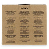 Compostable dog poop bags made from corn starch. Compostable and biodegradable. Product description shown in multiple languages.