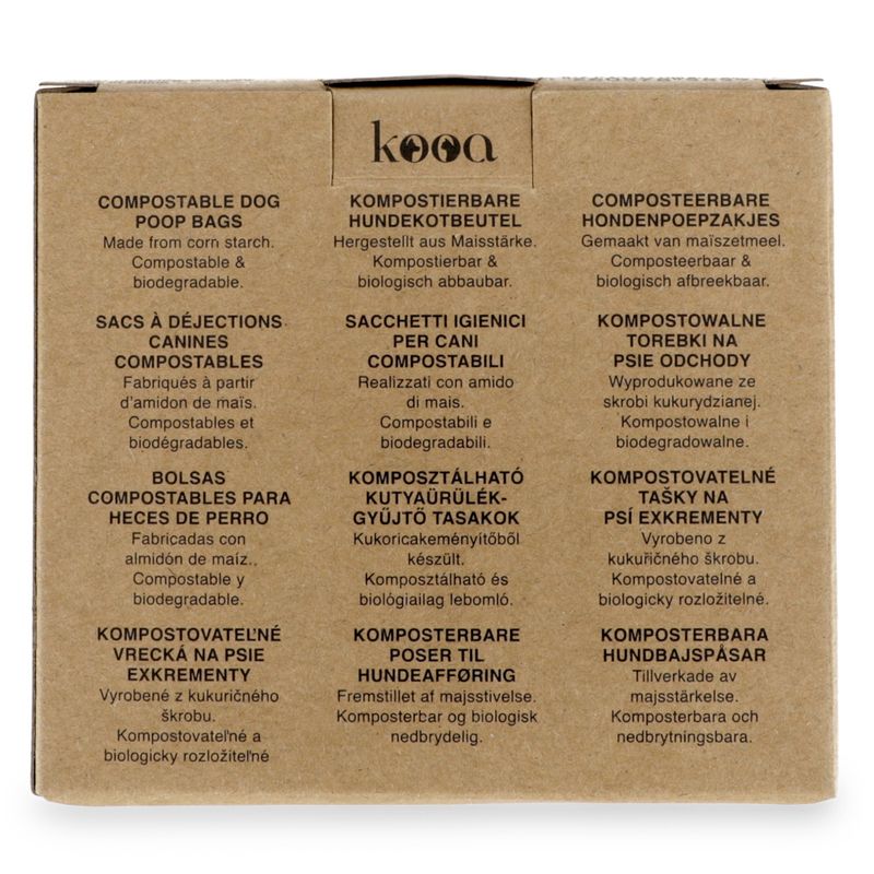 Compostable dog poop bags made from corn starch. Compostable and biodegradable. Product description shown in multiple languages.