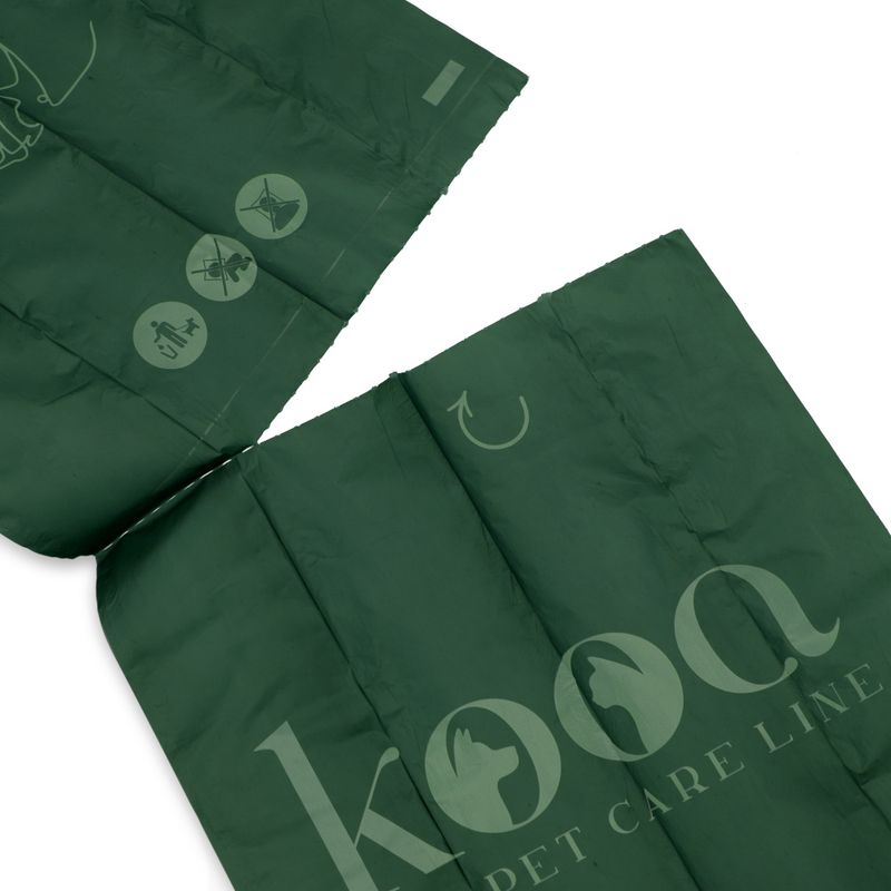 kooa Pet Care Line. Dark green dog waste bags with symbols for eco-friendliness, easy use and disposal.