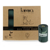 Box of 90 compostable dog poop bags with certification mark and one roll shown outside the box. Text on packaging highlights compostable feature and pet care line branding.