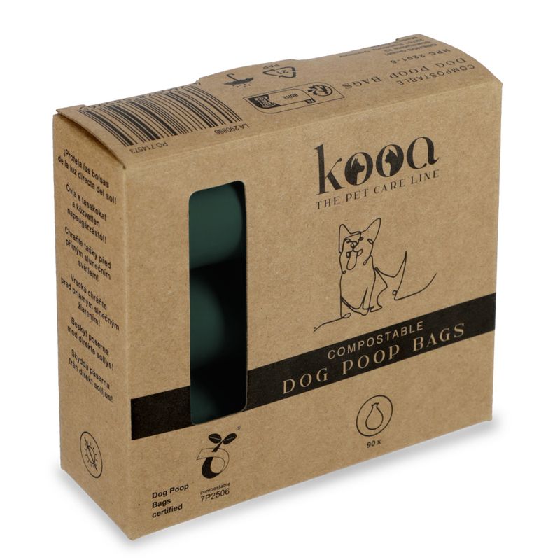 kooa The Pet Care Line. Compostable dog waste bags, certified, 90 pieces. Packaging made from recycled cardboard with window and eco-friendly symbols.
