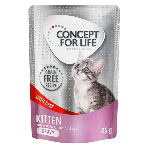 Concept for Life Kitten wet food with beef, grain-free recipe, for kittens up to 12 months, in sauce, 85g pack.