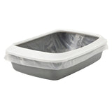 Grey cat litter tray with white rim and inserted transparent waste bag.
