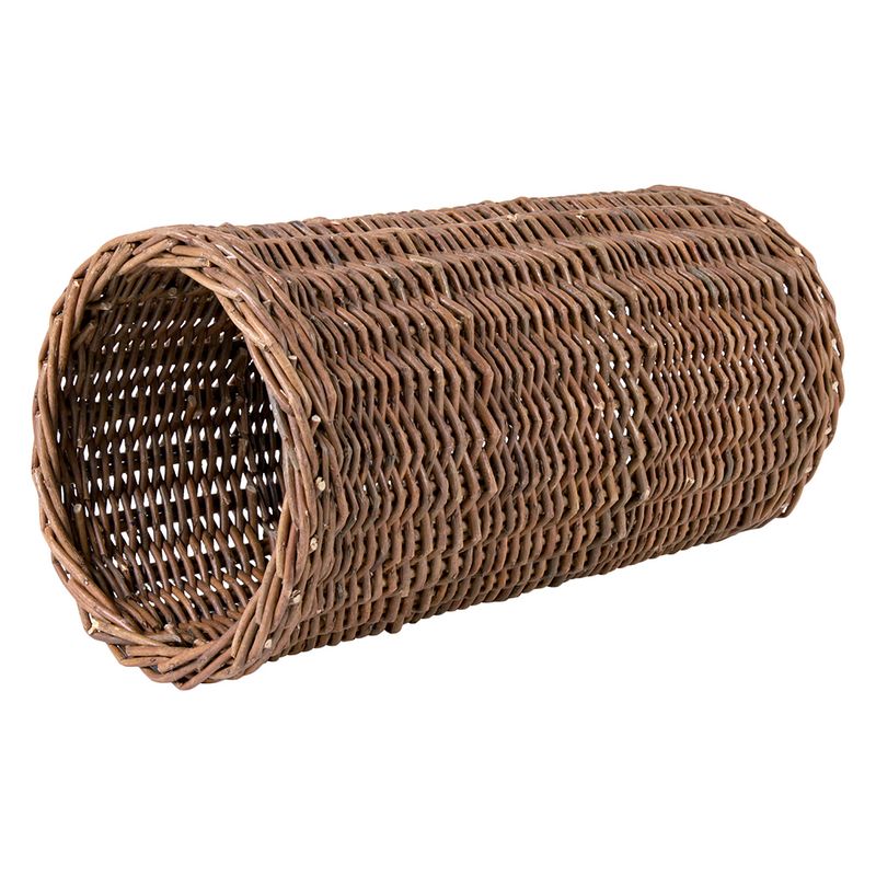 Braided tunnel made of brown natural willow material, cylindrical shape.