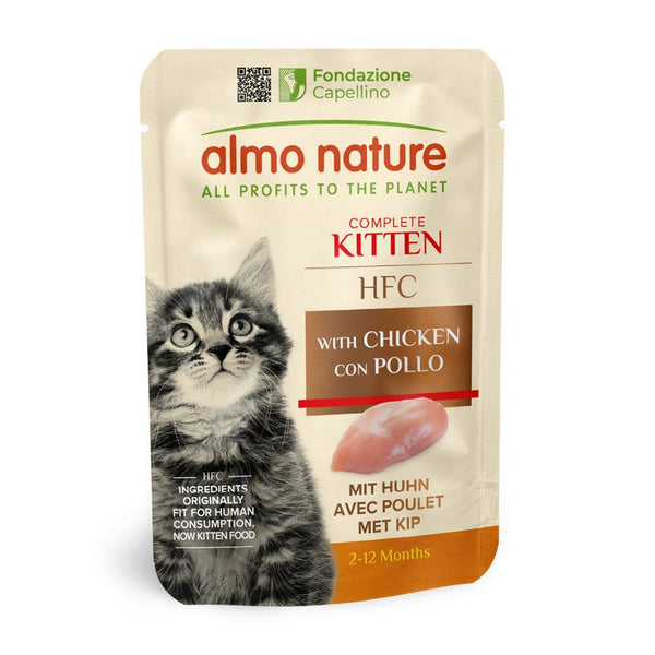 Almo Nature Complete Kitten HFC with chicken, suitable for kittens aged 2-12 months. Ingredients originally fit for human consumption, now cat food.
