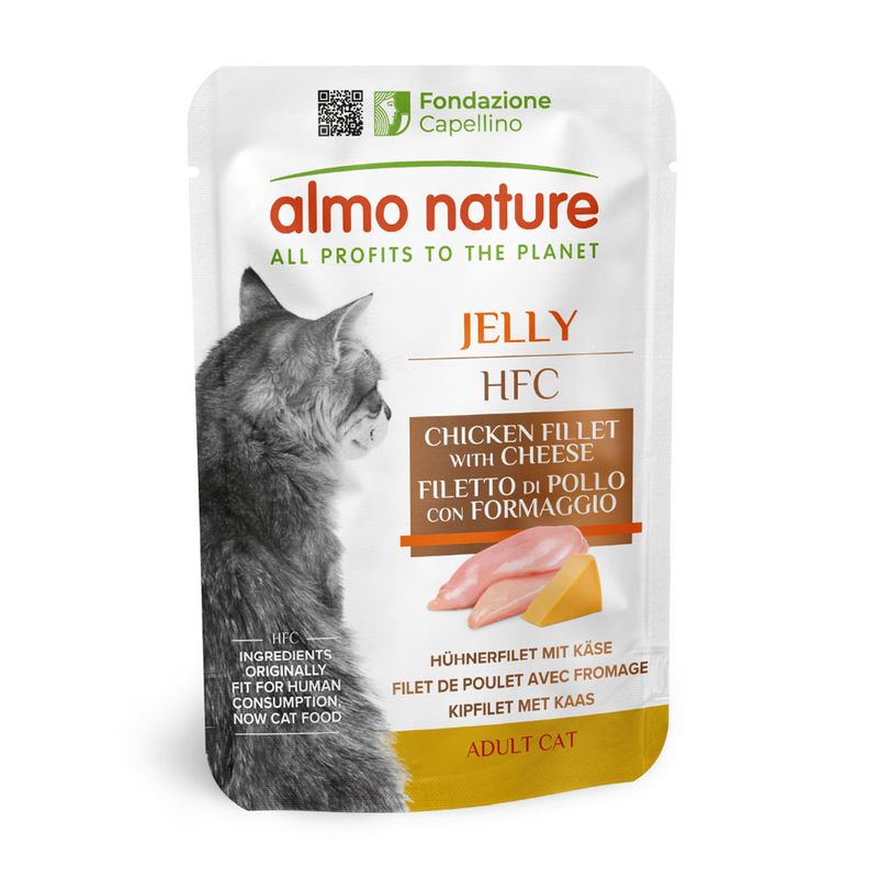 Almo Nature Jelly HFC chicken fillet with cheese. Ingredients originally suitable for human consumption, now cat food. For adult cats.